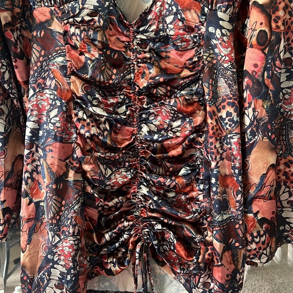 butterfly ruched satin print dress - Picture 3 of 7